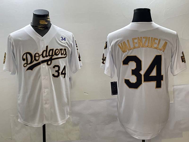Los Angeles Dodgers #34 Toro Valenzuela White Gold 2024 World Series With Fernando Memorial Patch Limited Stitched Baseball Jersey - Main View