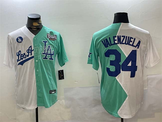 Los Angeles Dodgers #34 Toro Valenzuela White Green Split 2024 World Series All-Star Cool Base Stitched Baseball Jersey - Main View