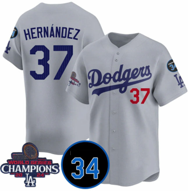 Los Angeles Dodgers #37 Teoscar Hernandez Gray 2024 World Series Champions With Fernando Memorial Patch Vapor Premier Limited Stitched Baseball Jersey - Main View