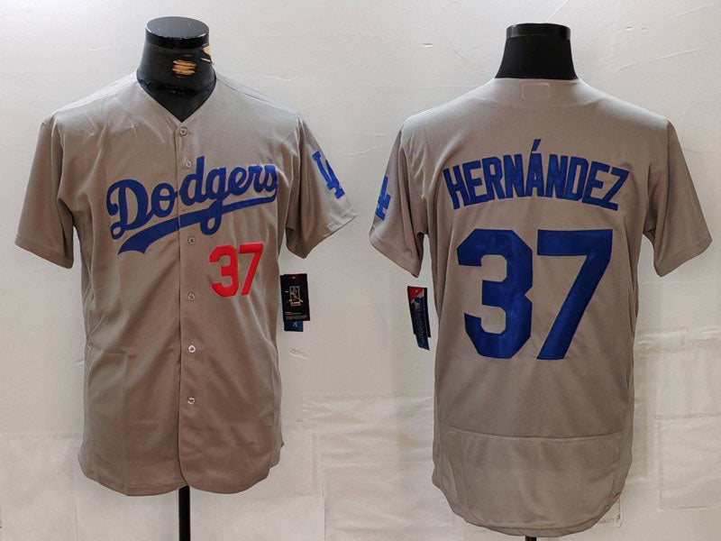 Los Angeles Dodgers #37 Teoscar Hernandez Number Grey Flex Base Stitched Baseball Jerseys - Main View