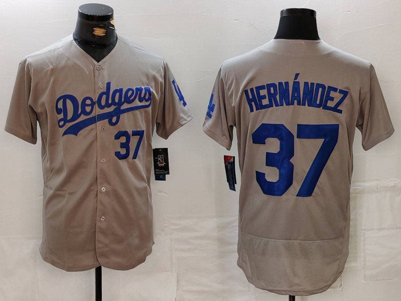 Los Angeles Dodgers #37 Teoscar Hernandez Number Grey Flex Base Stitched Baseball Jerseys - Main View