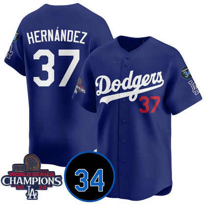 Los Angeles Dodgers #37 Teoscar Hernandez Royal 2024 World Series Champions With Fernando Memorial Patch Vapor Premier Limited Stitched Baseball Jersey - Main View