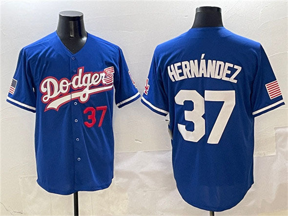 Los Angeles Dodgers #37 Teoscar Hernández Royal With American Flag Patch Limited Stitched Baseball Jersey - Main View