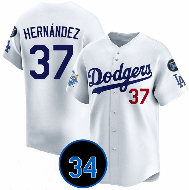 Los Angeles Dodgers #37 Teoscar Hernandez White 2024 World Champions & Fernando Memorial Patch Vapor Premier Home Limited Stitched Baseball Jersey - Main View