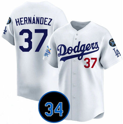 Los Angeles Dodgers #37 Teoscar Hernandez White 2024 World Champions & Fernando Memorial Patch Vapor Premier Home Limited Stitched Baseball Jersey - Main View