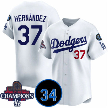 Los Angeles Dodgers #37 Teoscar Hernandez White 2024 World Series Champions With Fernando Memorial Patch Vapor Premier Home Limited Stitched Baseball Jersey - Main View