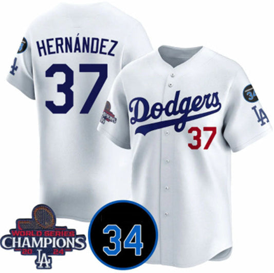 Los Angeles Dodgers #37 Teoscar Hernandez White 2024 World Series Champions With Fernando Memorial Patch Vapor Premier Home Limited Stitched Baseball Jersey - Main View