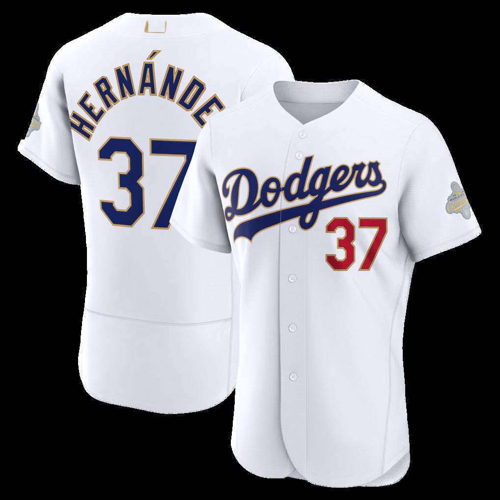 Los Angeles Dodgers #37 Teoscar Hernández White 2026 Gold Collection Authentic Stitched Baseball Jersey - Main View