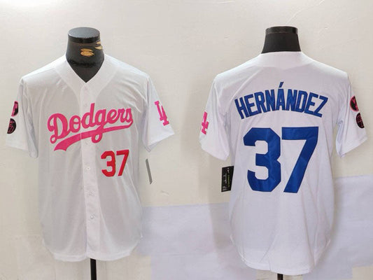 Los Angeles Dodgers #37 Teoscar Hernández White Pink Vin & Kobe Patch Stitched Baseball Jersey - Main View