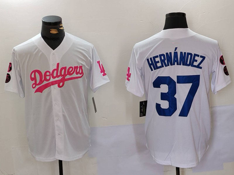 Los Angeles Dodgers #37 Teoscar Hernández White Pink Vin & Kobe Patch Stitched Baseball Jersey - Main View