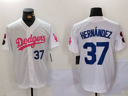 Los Angeles Dodgers #37 Teoscar Hernandez White Pink Vin & Kobe Patch Stitched Baseball Jersey
