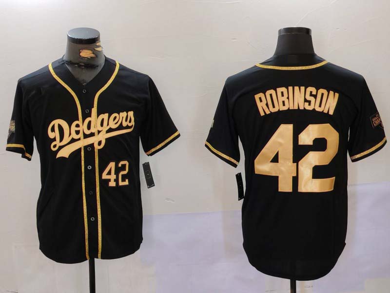 Los Angeles Dodgers #42 Jackie Robinson Number Black Gold World Series Champions Cool Base Stitched Baseball Jerseys - Main View