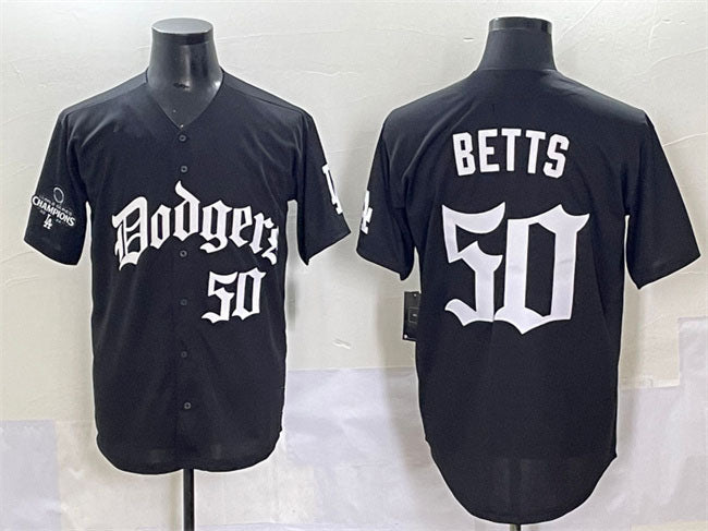 Los Angeles Dodgers #50 Mookie Betts Black 2025 LA Gothic Style With 2024 World Series Champions Patch Vapor Premier Limited Stitched Baseball Jersey - Main View