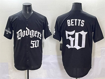 Los Angeles Dodgers #50 Mookie Betts Black 2025 LA Gothic Style With 2024 World Series Champions Patch Vapor Premier Limited Stitched Baseball Jersey - Main View