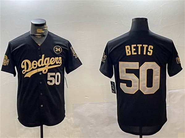 Los Angeles Dodgers #50 Mookie Betts Black Gold 2024 World Series With No. 34 Patch Limited Stitched Baseball Jersey - Main View