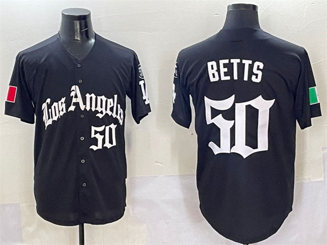 Los Angeles Dodgers #50 Mookie Betts Black Mexico 2025 LA Gothic Style With Fernando Patch Vapor Premier Limited Stitched Baseball Jersey - Main View