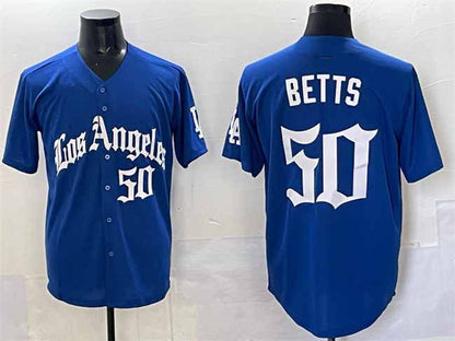 Los Angeles Dodgers #50 Mookie Betts Blue 2025 LA Gothic Style With Fernando Patch Vapor Premier Limited Stitched Baseball Jersey - Main View