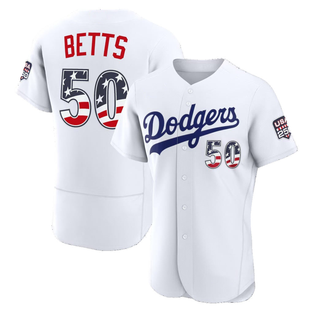 Los Angeles Dodgers #50 Mookie Betts Fourth of July White USA 250 Authentic Baseball Jersey - Main View