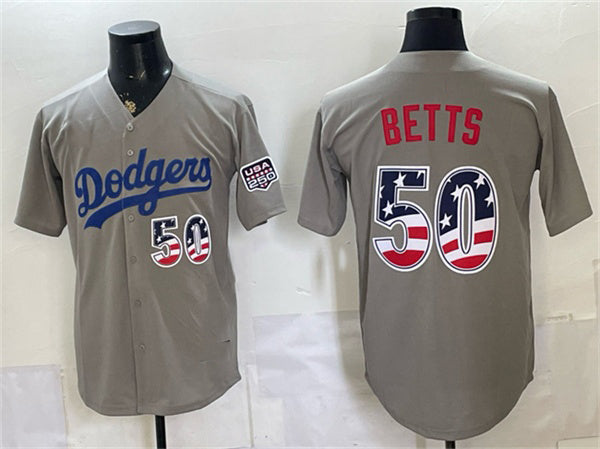 Los Angeles Dodgers #50 Mookie Betts Gray 250 Fourth of July Road Stitched Baseball Jersey - Main View