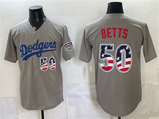 Los Angeles Dodgers #50 Mookie Betts Gray 250 Fourth of July Road Stitched Baseball Jersey - Main View