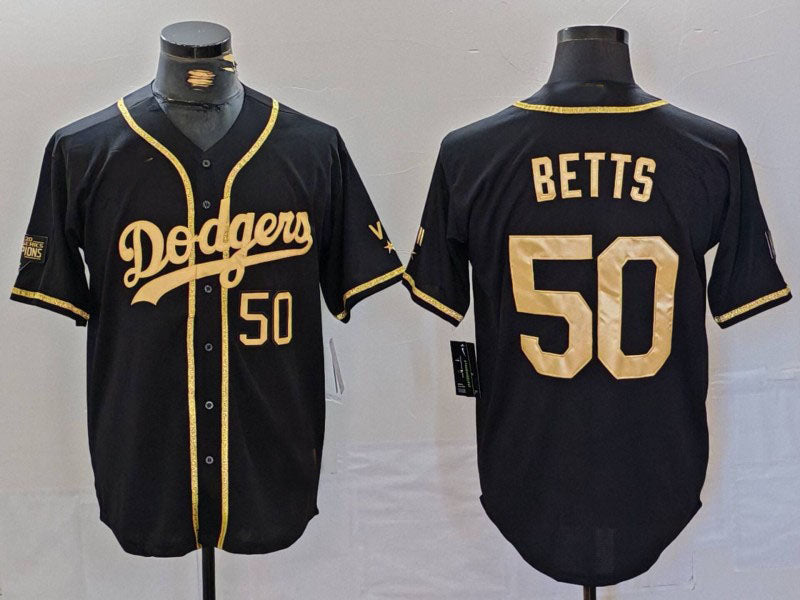 Los Angeles Dodgers #50 Mookie Betts Number Black Gold World Series Champions Cool Base Stitched Baseball Jerseys - Main View
