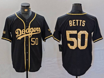 Los Angeles Dodgers #50 Mookie Betts Number Black Gold World Series Champions Cool Base Stitched Baseball Jerseys - Main View