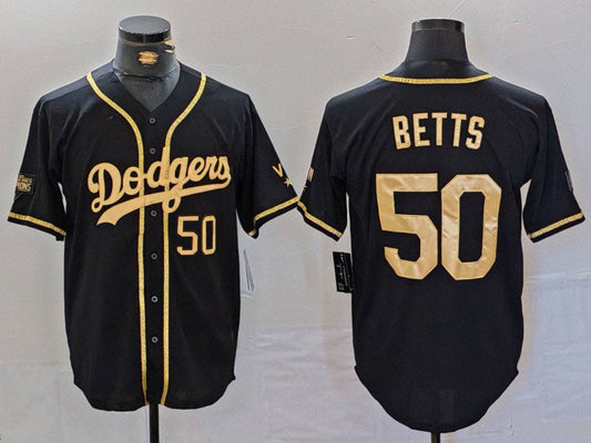 Los Angeles Dodgers #50 Mookie Betts Number Black Gold World Series Champions Cool Base Stitched Baseball Jerseys - Main View