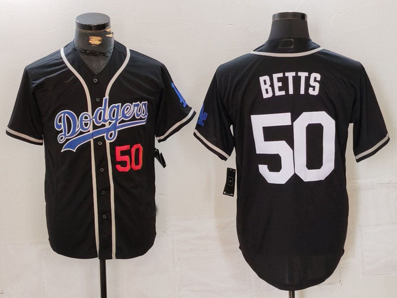 Los Angeles Dodgers #50 Mookie Betts Number Black White Cool Base Stitched Baseball Jersey - Main View