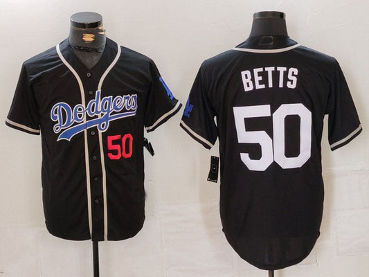 Los Angeles Dodgers #50 Mookie Betts Number Black White Cool Base Stitched Baseball Jersey - Main View