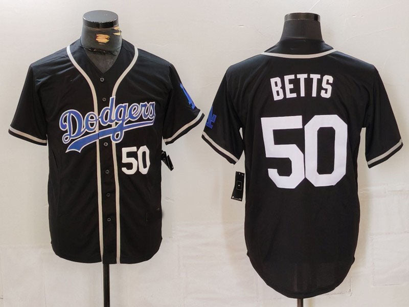 Los Angeles Dodgers #50 Mookie Betts Number Black White Cool Base Stitched Baseball Jersey - Main View
