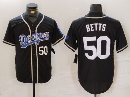 Los Angeles Dodgers #50 Mookie Betts Number Black White Cool Base Stitched Baseball Jersey - Main View