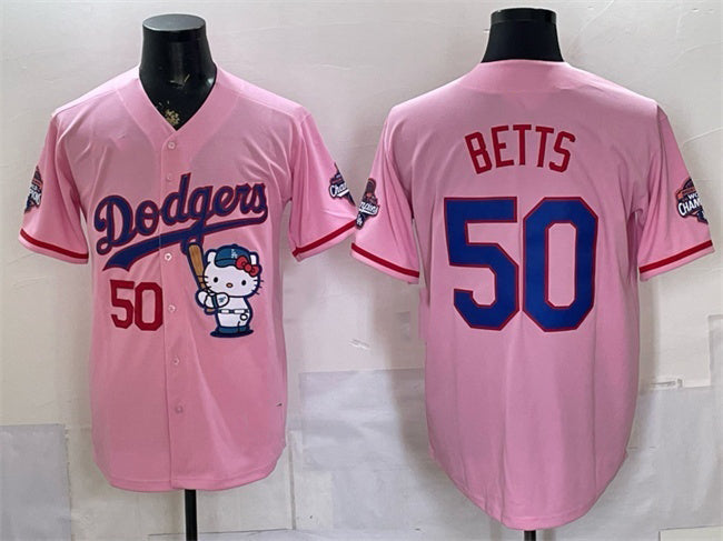 Los Angeles Dodgers #50 Mookie Betts Pink Hello Kitty Night 2025 World Series Champions Patch Stitched Jersey - Main View