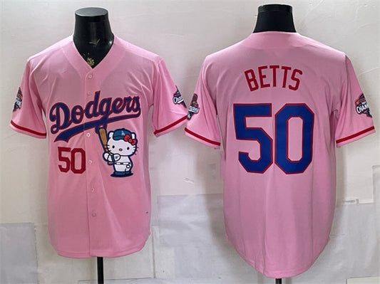 Los Angeles Dodgers #50 Mookie Betts Pink Hello Kitty Night 2025 World Series Champions Patch Stitched Jersey - Main View