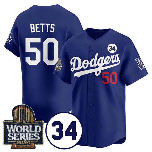 Los Angeles Dodgers #50 Mookie Betts Royal 2024 World Series With No. 34 Patch Cool Base Stitched Baseball Jersey - Main View