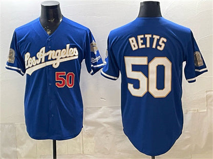 Los Angeles Dodgers #50 Mookie Betts Royal 2026 Gold Collection 9x & B2B Champs Patch Stitched Baseball Jersey - Main View