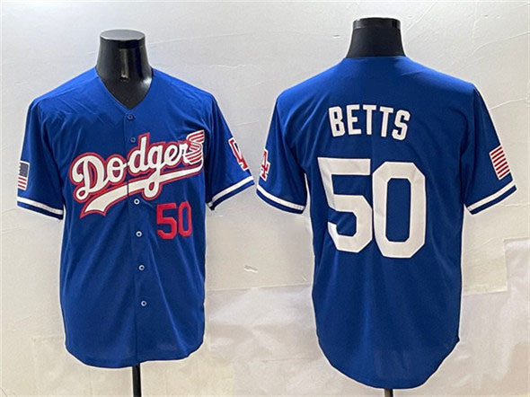 Los Angeles Dodgers #50 Mookie Betts Royal With American Flag Patch Limited Stitched Baseball Jersey - Main View