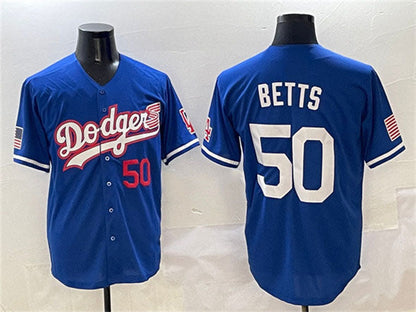 Los Angeles Dodgers #50 Mookie Betts Royal With American Flag Patch Limited Stitched Baseball Jersey - Main View