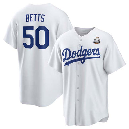 Los Angeles Dodgers #50 Mookie Betts White 2024 World Series Cool Base Stitched Baseball Jersey - Main View