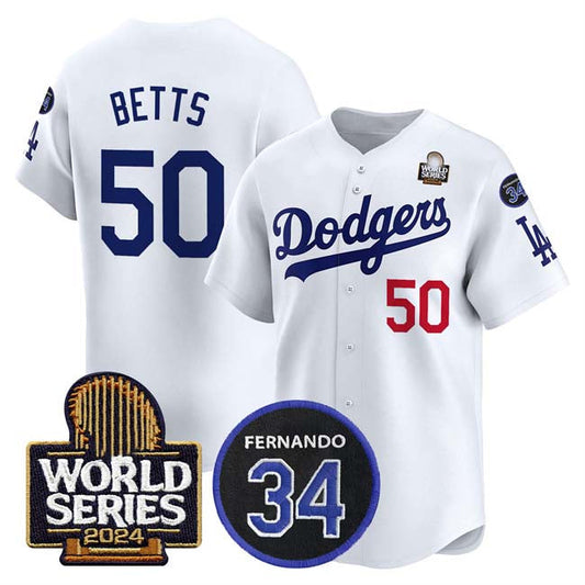 Los Angeles Dodgers #50 Mookie Betts White 2024 World Series With Fernando Memorial Patch Limited Stitched Baseball Jersey - Main View