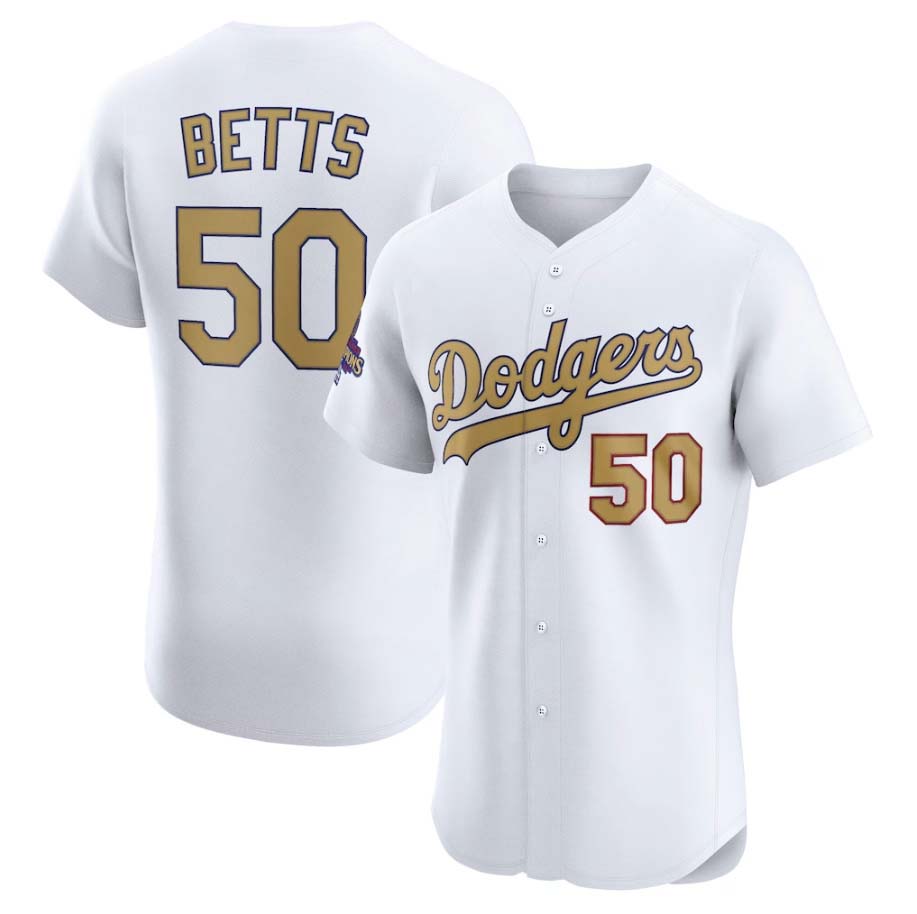 Los Angeles Dodgers #50 Mookie Betts White 2025 Gold Collection Elite Stitched Baseball Jersey - Main View