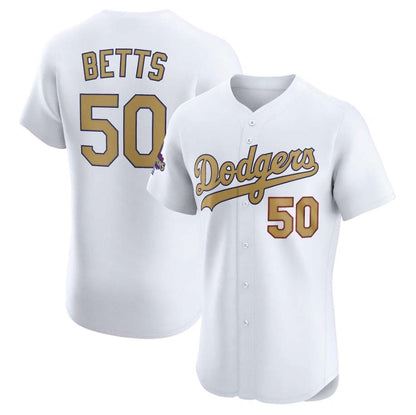 Los Angeles Dodgers #50 Mookie Betts White 2025 Gold Collection Elite Stitched Baseball Jersey - Main View