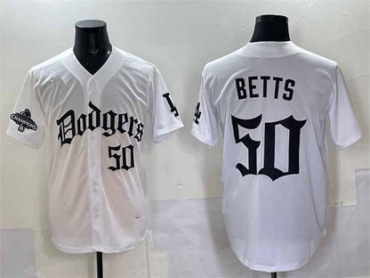 Los Angeles Dodgers #50 Mookie Betts White 2025 LA Gothic Style With 2024 World Series Champions Patch Vapor Premier Limited Stitched Baseball Jersey - Main View