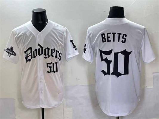 Los Angeles Dodgers #50 Mookie Betts White 2025 LA Gothic Style With 2024 World Series Champions Patch Vapor Premier Limited Stitched Baseball Jersey - Main View