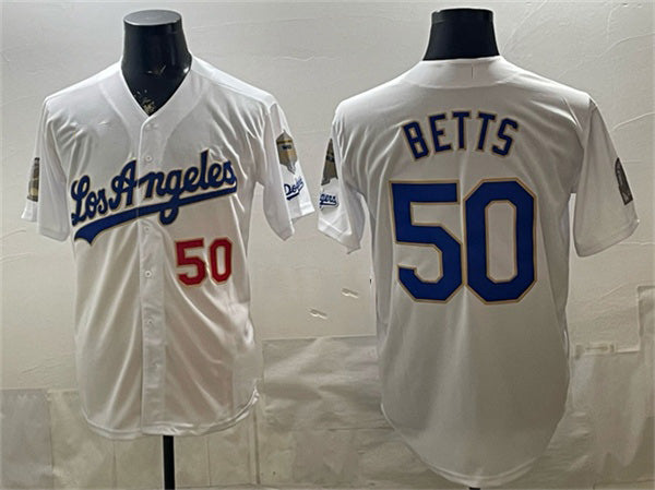 Los Angeles Dodgers #50 Mookie Betts White 2026 Gold Collection 9x & B2B Champs Patch Stitched Baseball Jersey - Main View