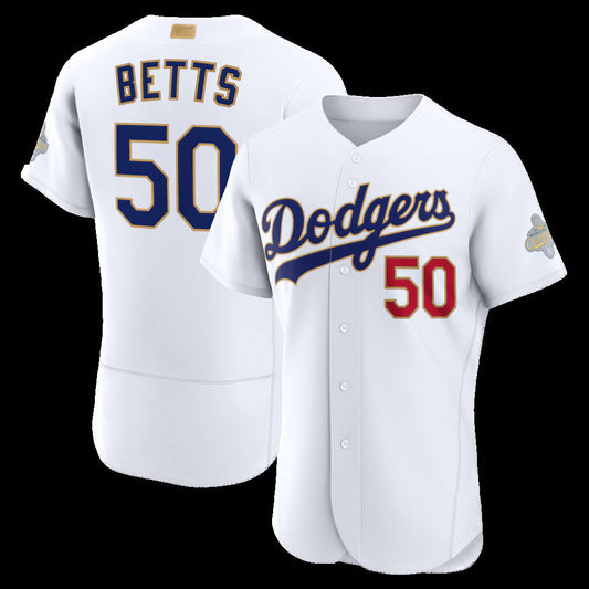 Los Angeles Dodgers #50 Mookie Betts White 2026 Gold Collection Authentic Stitched Baseball Jersey - Main View