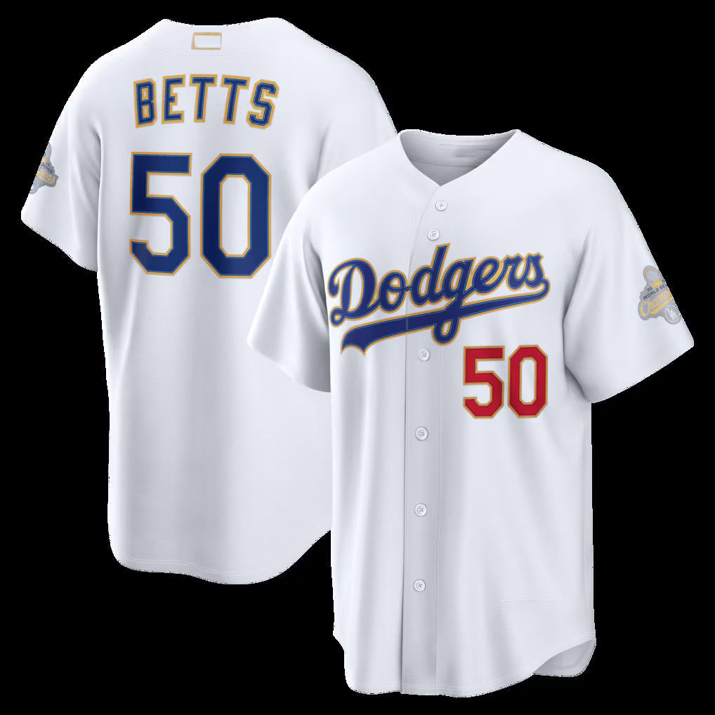 Los Angeles Dodgers #50 Mookie Betts White 2026 Gold Collection Stadium Stitched Baseball Jersey - Main View