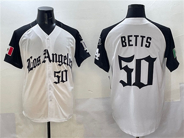 Los Angeles Dodgers #50 Mookie Betts White Black Mexico 2025 LA Gothic Style With Fernando Patch Vapor Premier Limited Stitched Baseball Jersey - Main View