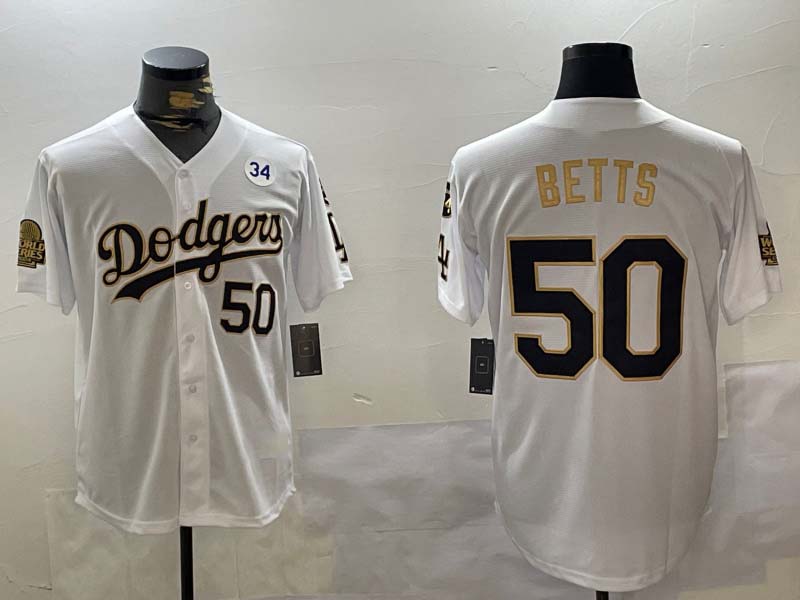 Los Angeles Dodgers #50 Mookie Betts White Gold 2024 World Series With Fernando Memorial Patch Limited Stitched Baseball Jersey - Main View