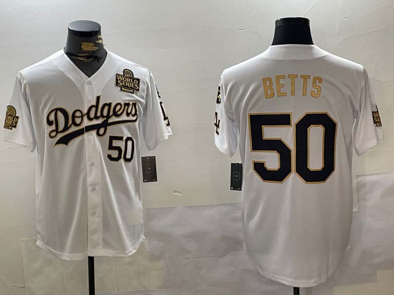 Los Angeles Dodgers #50 Mookie Betts White Gold 2024 World Series With Fernando Memorial Patch Limited Stitched Baseball Jerseys - Main View
