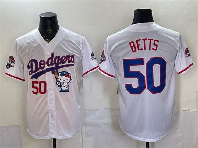 Los Angeles Dodgers #50 Mookie Betts White Hello Kitty Night 2025 World Series Champions Patch Stitched Jersey - Main View